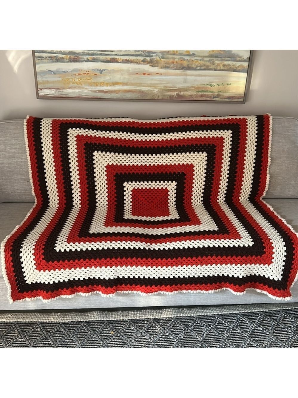Handcrafted Retro Classic Orange and Brown Crochet Blanket Throw